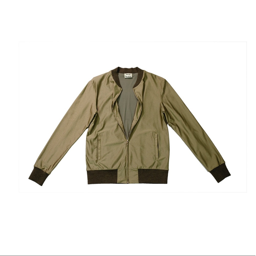 Acne Studios Satin Metallic Bomber Olive Gold Green Zipper Jacket Coat Size XS